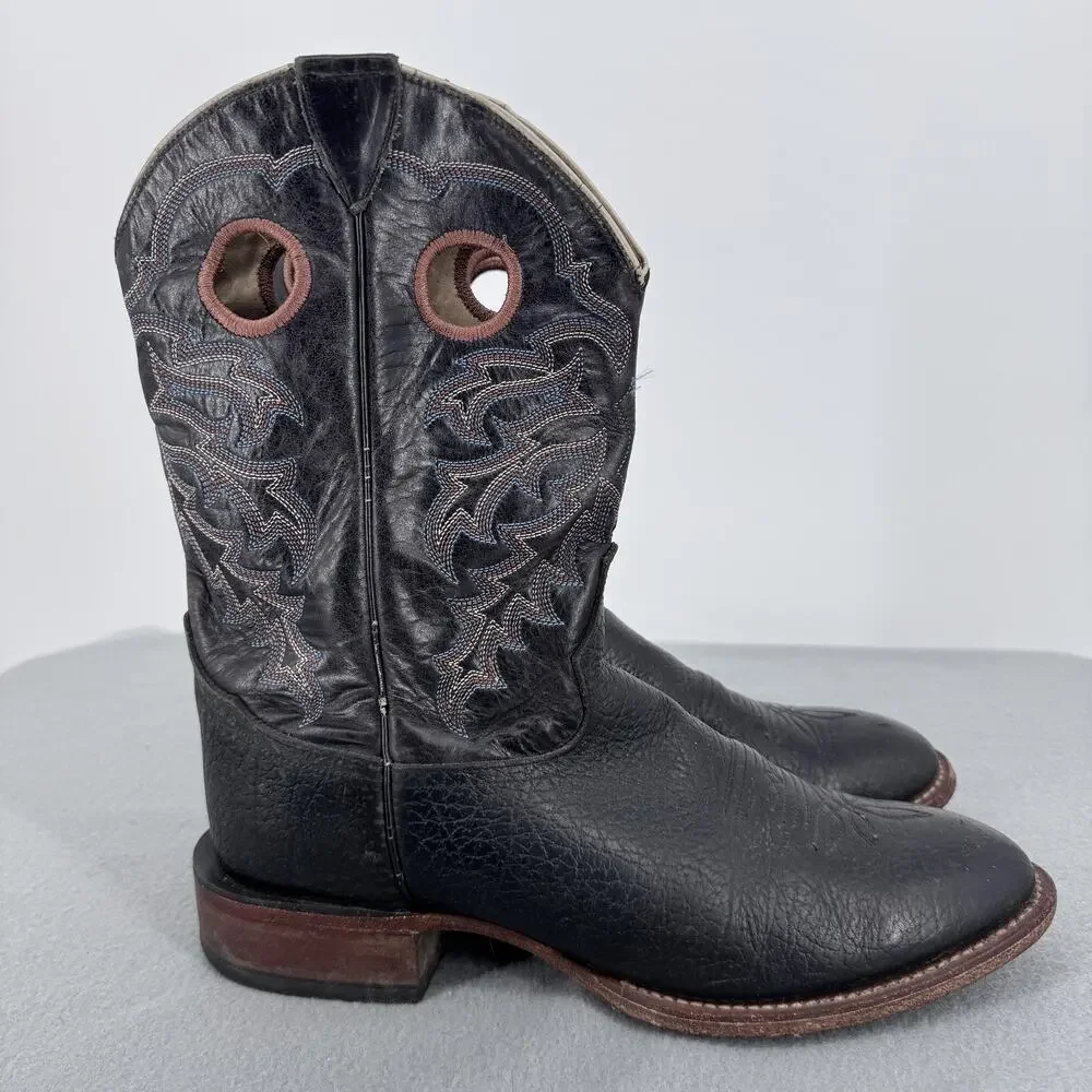 Tony Lama Black Leather Western Cowboy Boots Mens 10.5 Pull Holes Made Mexico